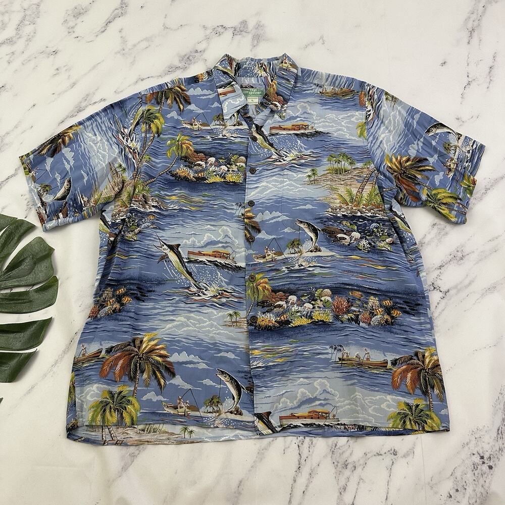Reyn Spooner Mens Vintage 90s Hawaiian Shirt Size L Blue Fishing Boats Tropical